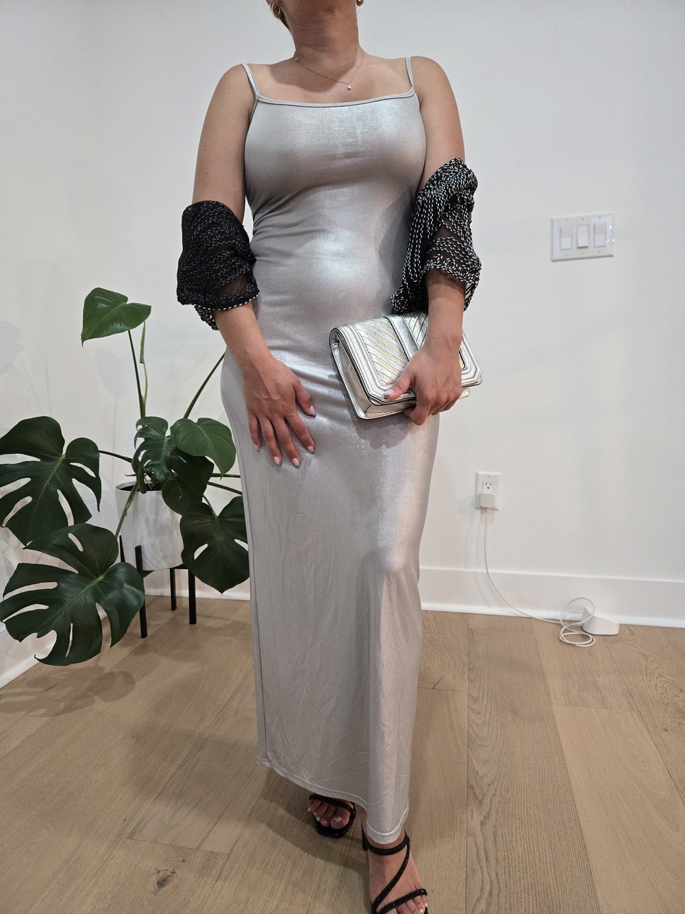 Stradivarius Y2K Futuristic Chic Metallic Silver Slip Maxi Dress Sz S Party Core